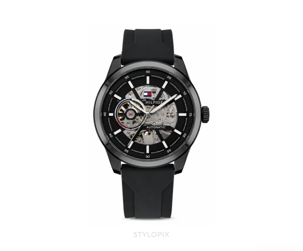 Tommy Hilfiger Black Silicon Strap Skeleton Automatic - Tommy Hilfiger First Copy Watches