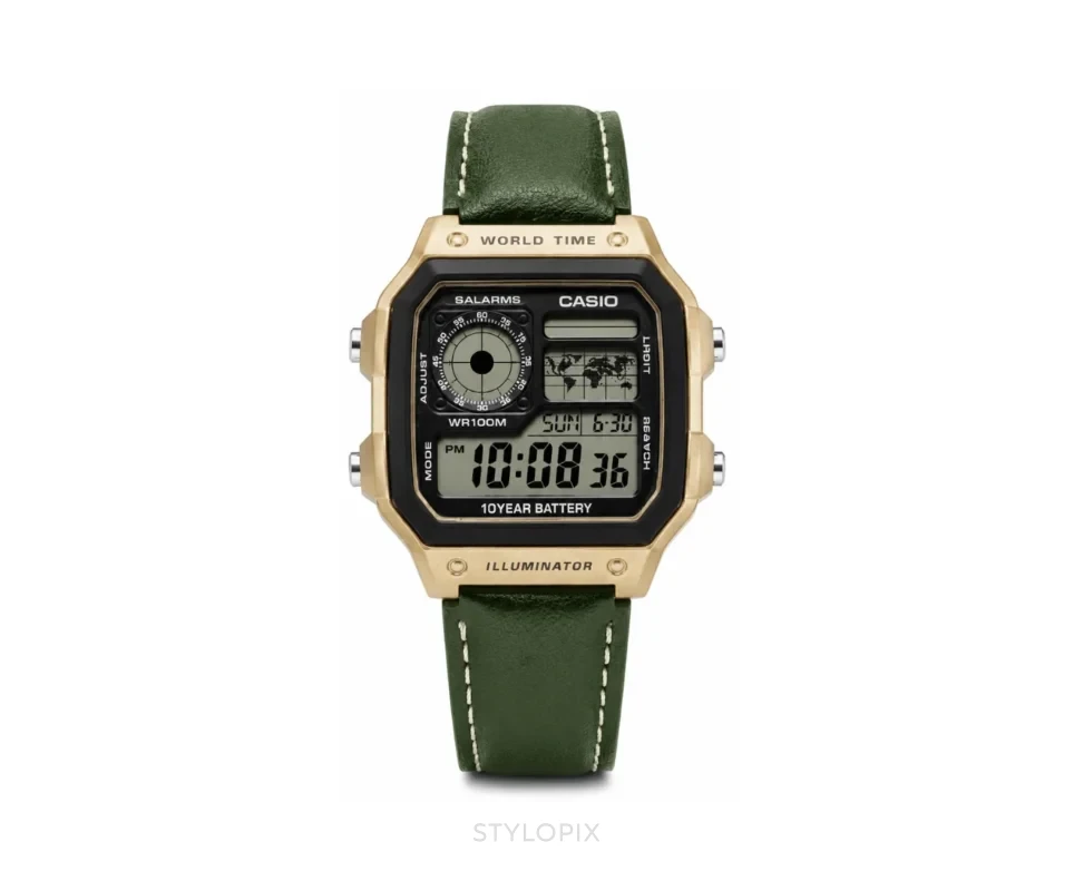 Casio Luminous Digital gold Dial And Green Leather Strap Belt Quartz - Casio First Copy Watches
