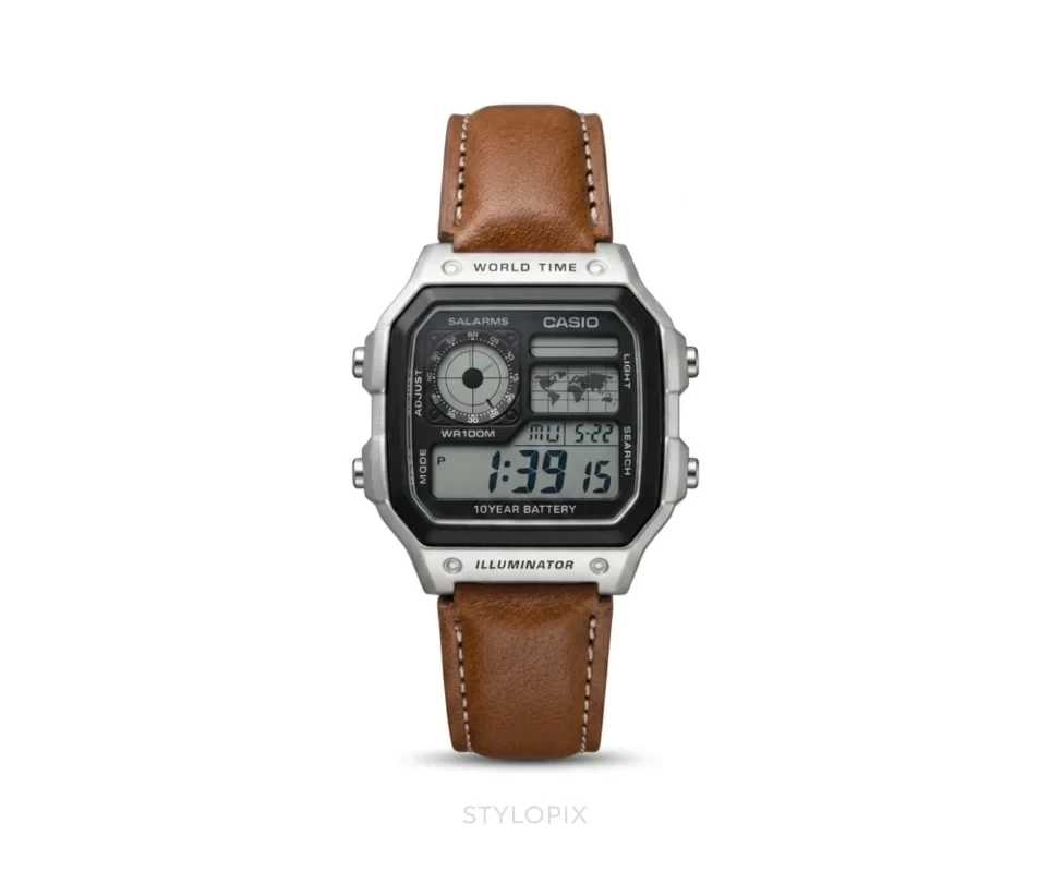 Casio Luminous Digital Silver Dial And Tan Leather Strap Belt Quartz - Casio First Copy Watches