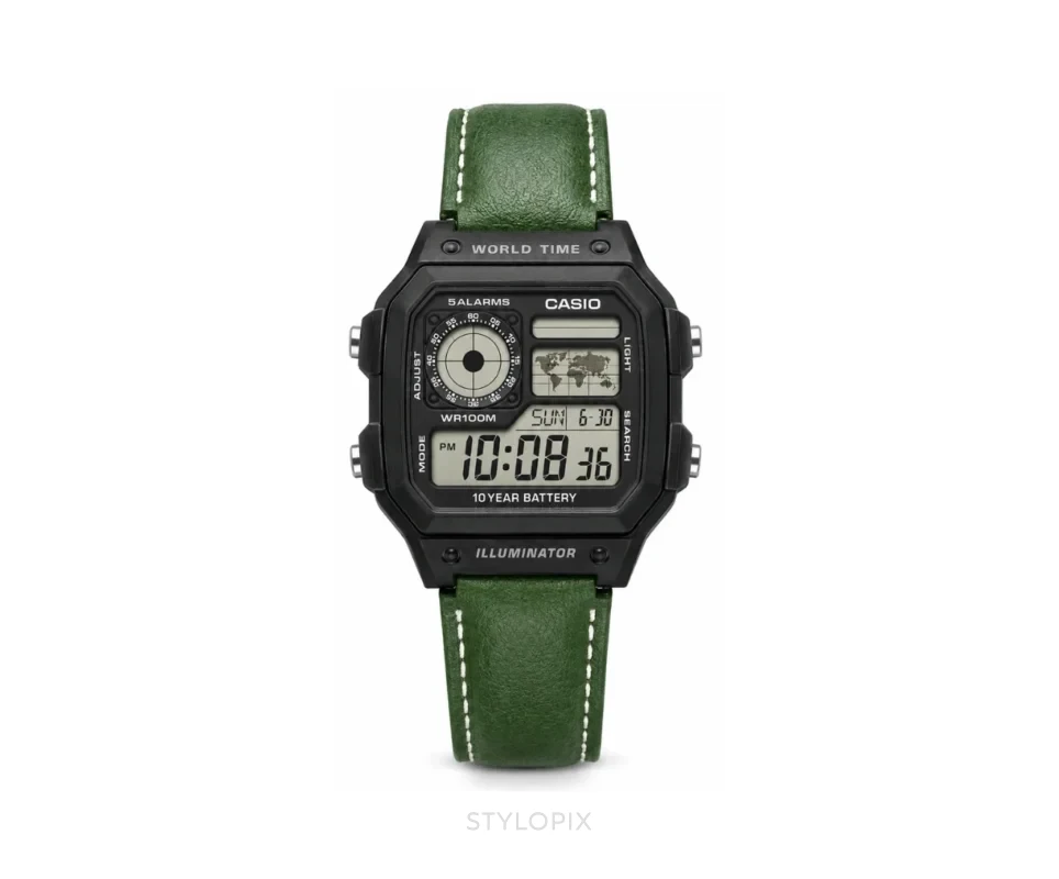 Casio Luminous Digital Black Dial And Green Leather Strap Belt Quartz - Casio First Copy Watches
