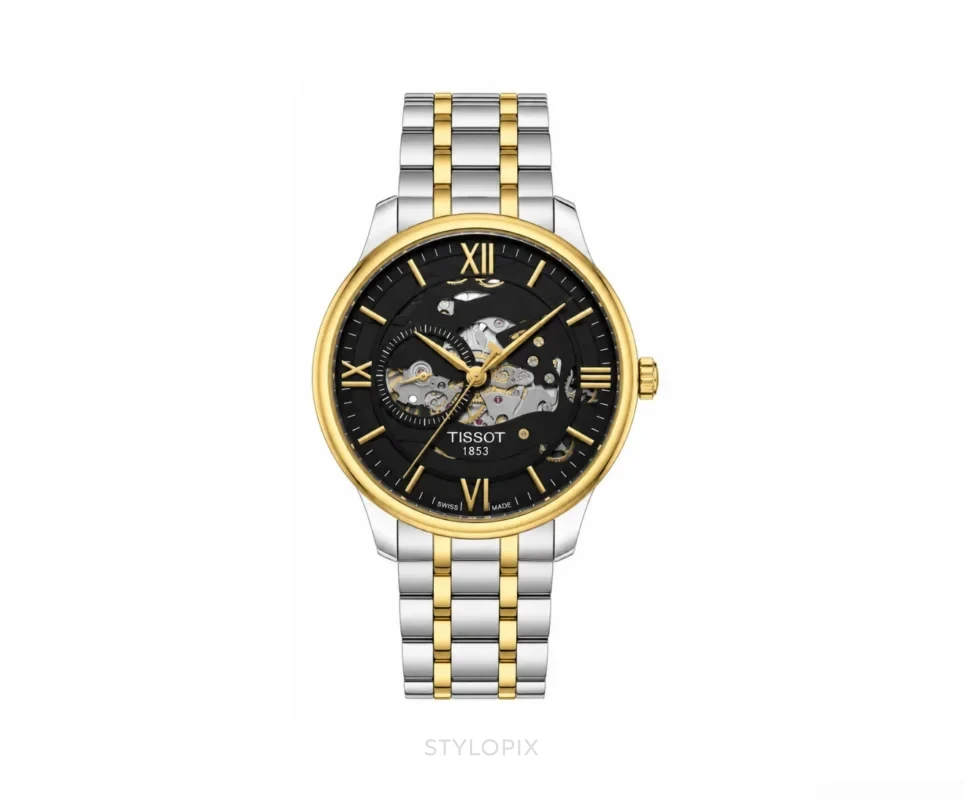 Tissot Open Heart Black Dial With Gold Automatic Skeleton - Tissot First Copy Watches