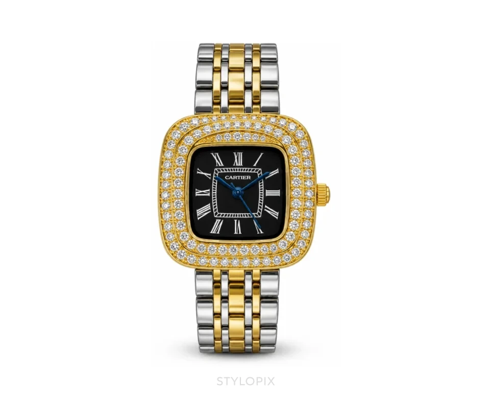 Cartier Double Tone Chain With Black Dial Diamond Quartz - Cartier First Copy Watches