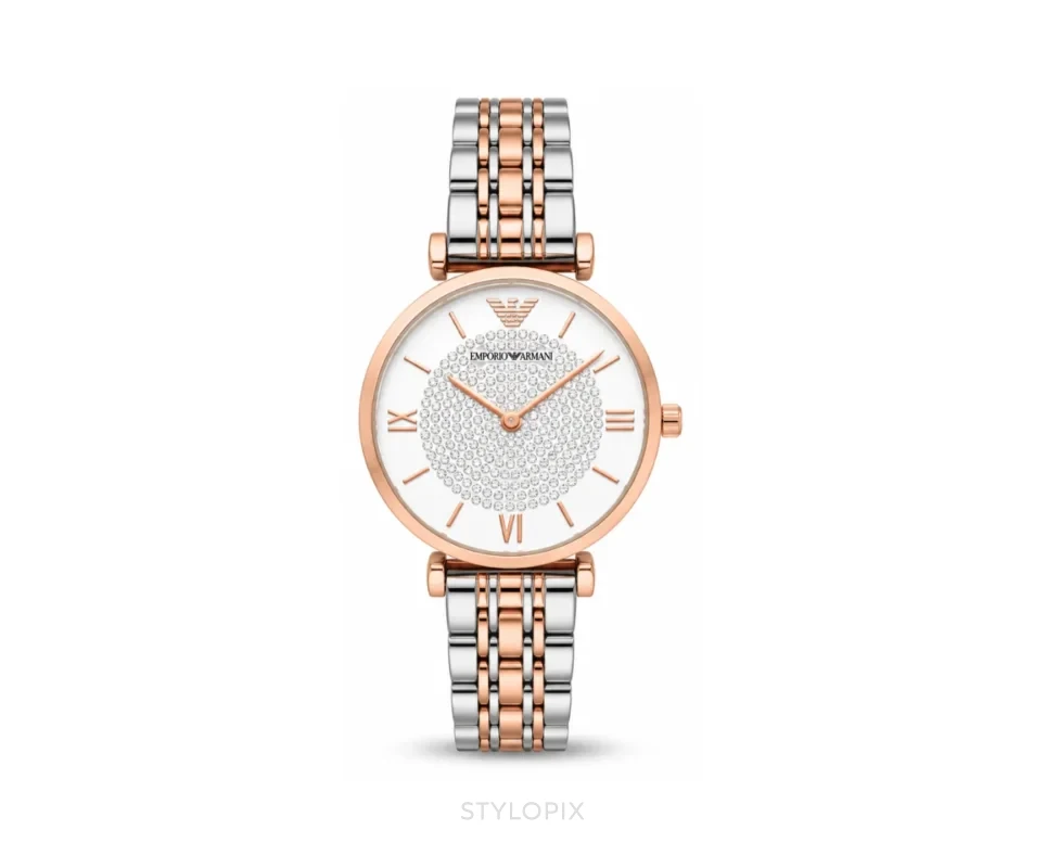 Emporio Armani White Dial With Double Tone Metal Strap Quartz - Emporio Armani First Copy Watches