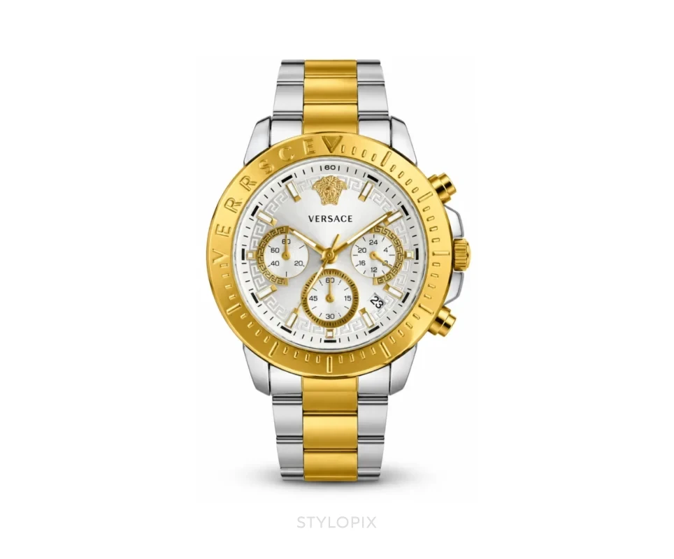 Versace White & Gold Dial Chrono Graph Double Tone Metal Strap Quartz - Versace First Copy Watches
