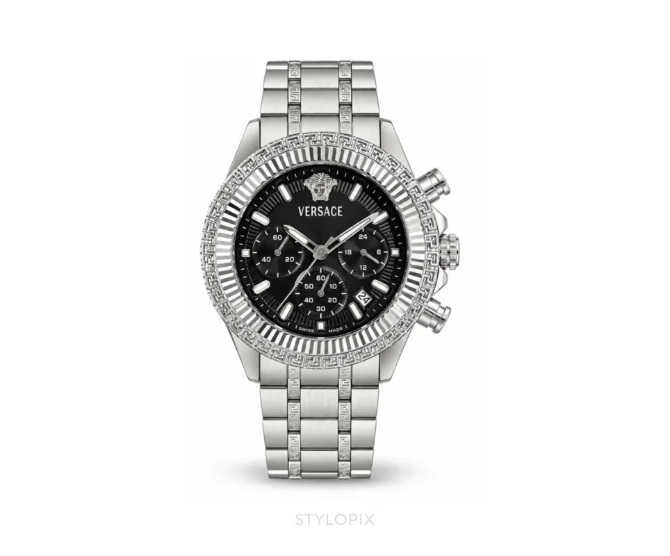 Versace Black Dial With Silver Metal Strap Quartz - Versace First Copy Watches