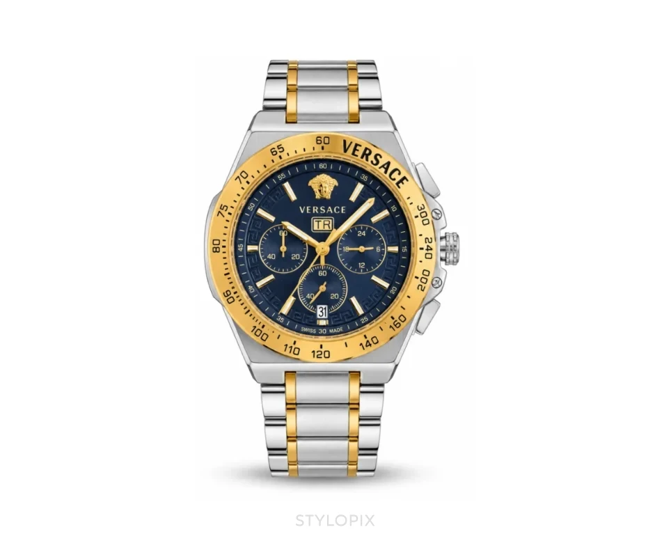 Versace Blue Dial With Chronograph Double Tone Metal Strap Quartz - Versace First Copy Watches