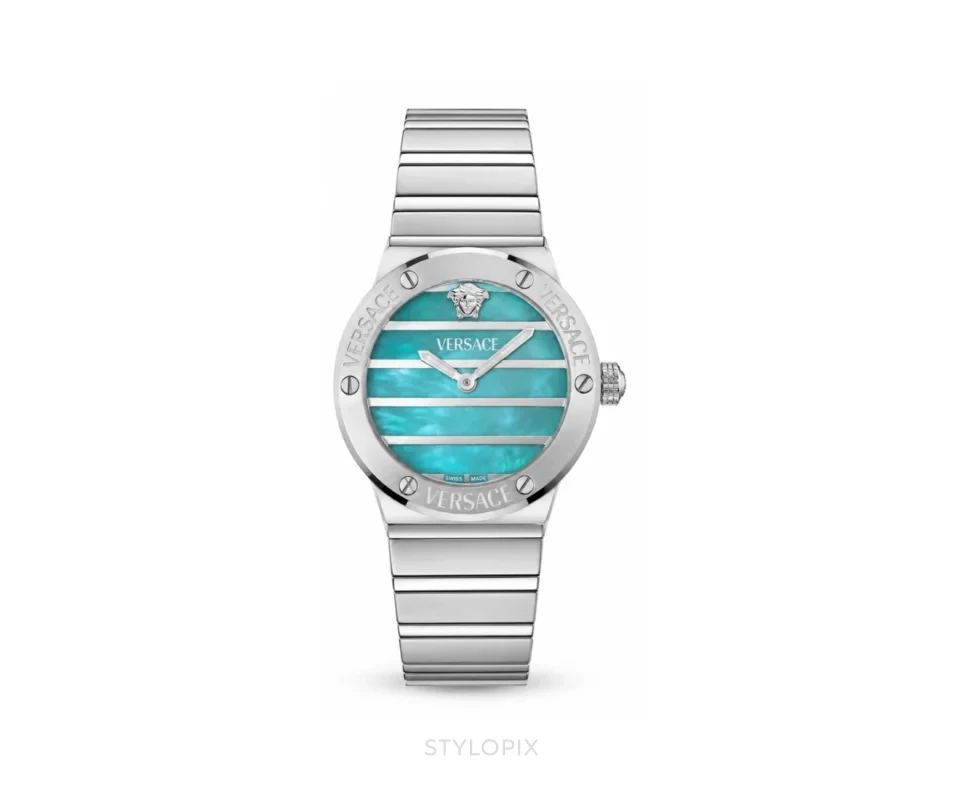 Versace Greca Logo Pearl Silver Sky Blue - Versace First Copy Watches