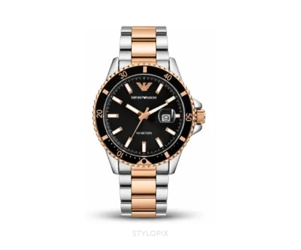 Emporio Armani Black Dial With Double Tone Metal Strap-Quartz - Emporio Armani First Copy Watches