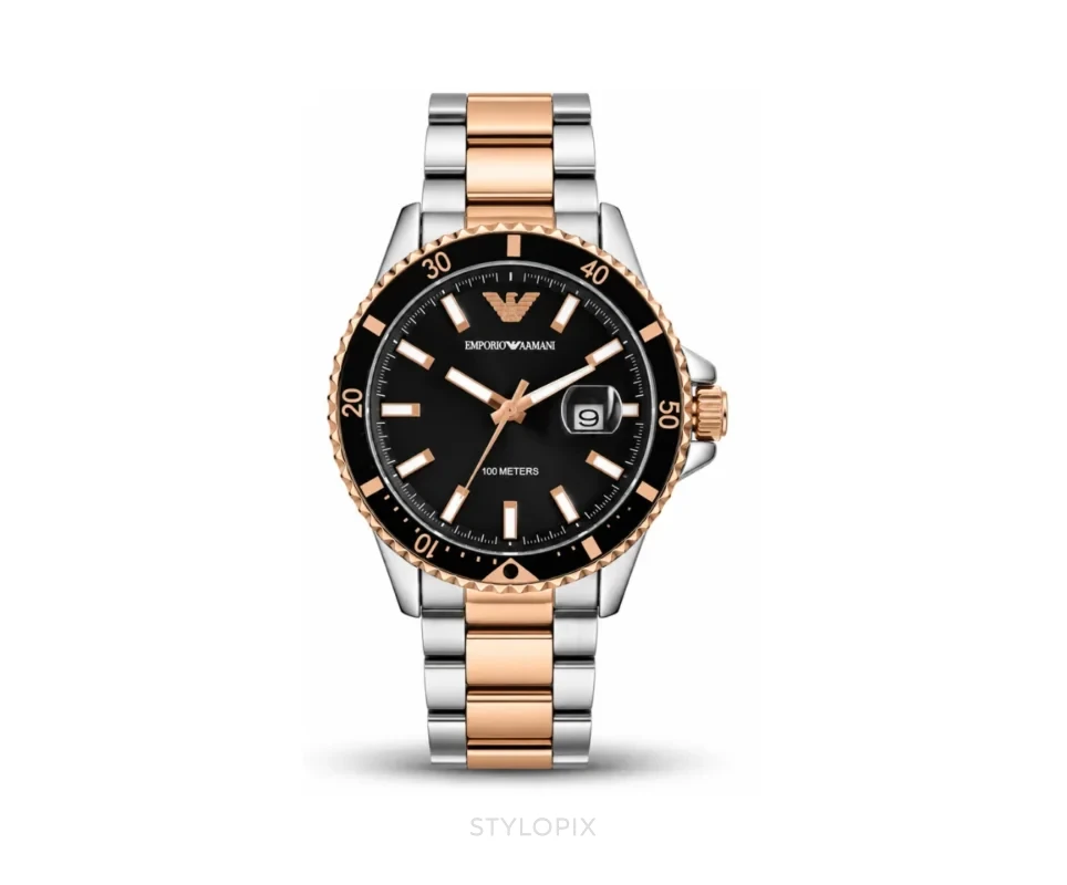 Emporio Armani Black Dial With Double Tone Metal Strap-Quartz - Emporio Armani First Copy Watches