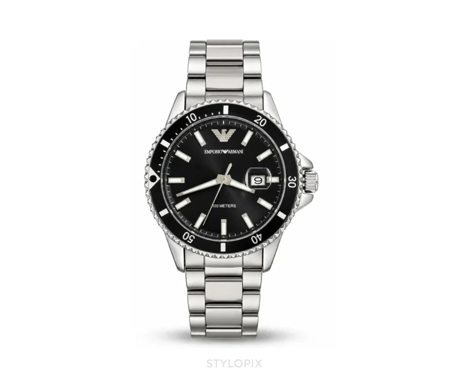 Emporio Armani Black Dial With Silver Metal Strap Quartz - Emporio Armani First Copy Watches