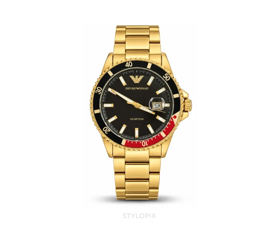 Emporio Armani Black Red Dial With Gold Metal Strap Quartz - Emporio Armani First Copy Watches