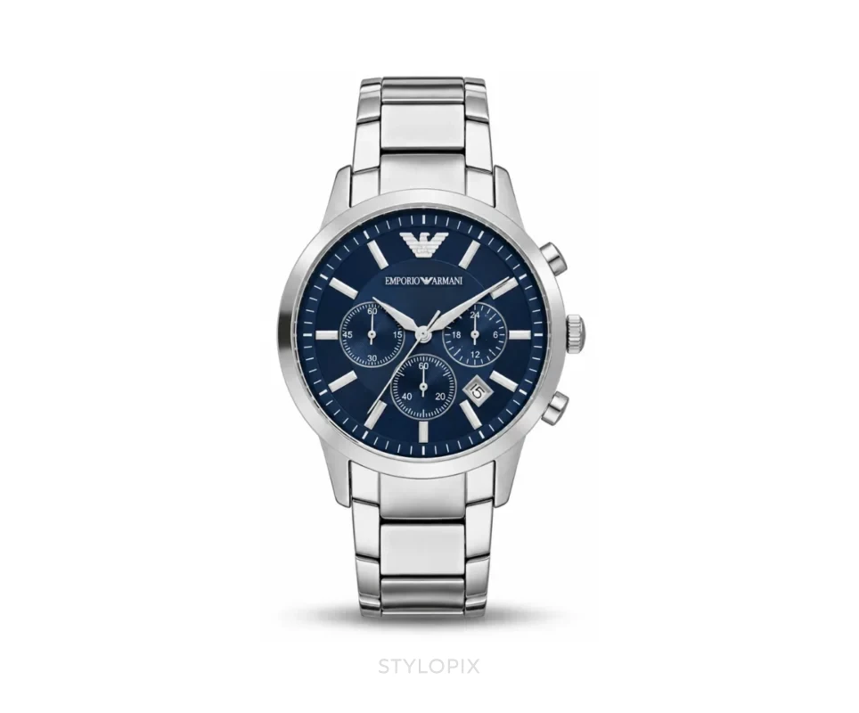 Emporio Armani Blue With Chorograph Dial With Silver Metal Strap Quartz - Emporio Armani First Copy Watches