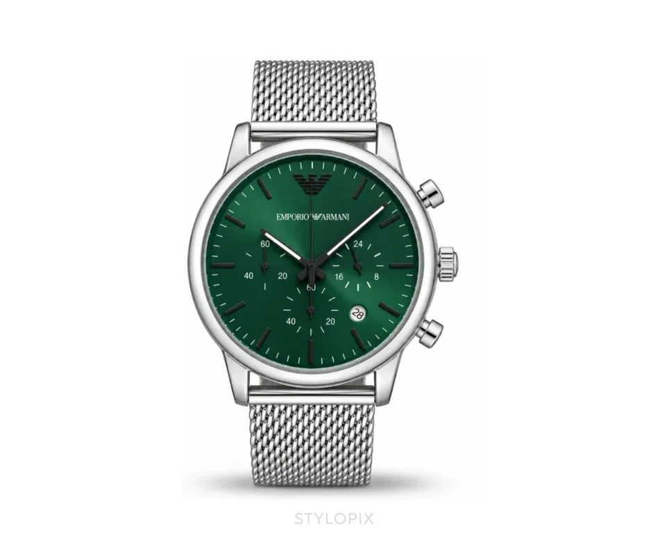 Emporio Armani With Choronograph Green Dial With Silver Metal Chain Quartz - Emporio Armani First Copy Watches
