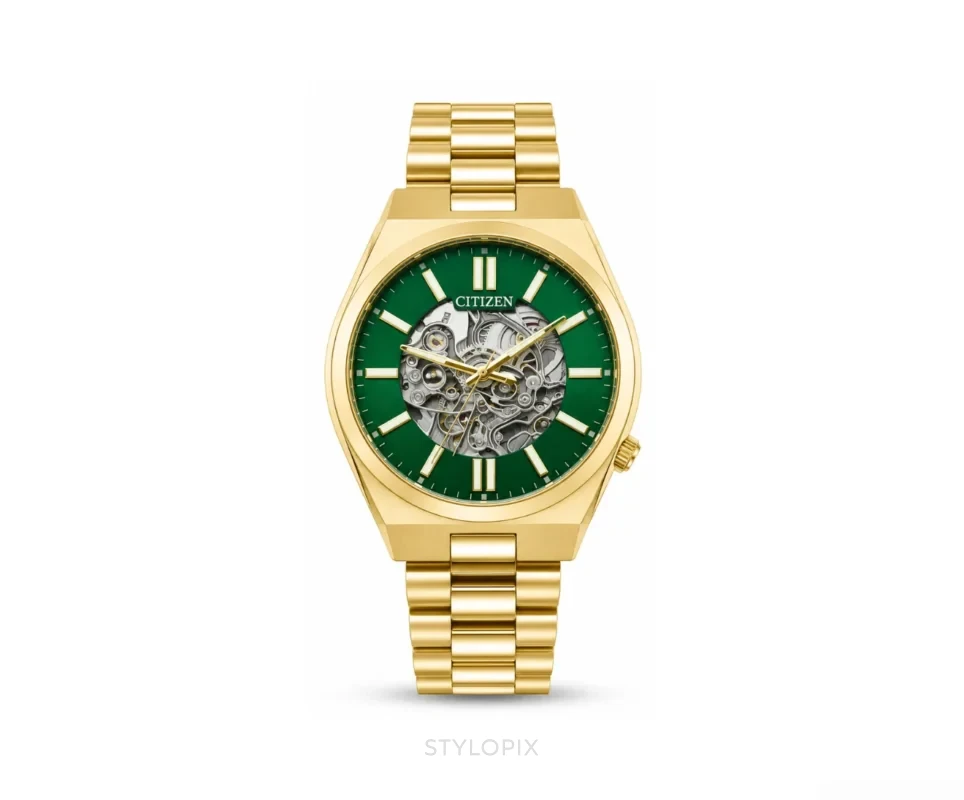 Citizen Open Heart With Green Dial And Golden Metal Strap Skeleton Automatic - Citizen First Copy Watches