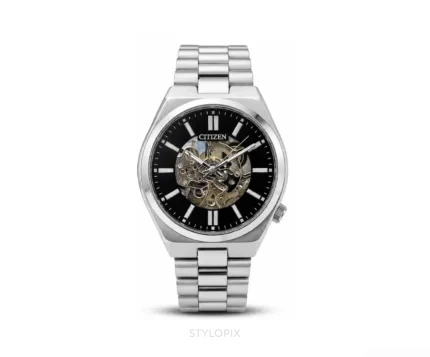 Citizen Open Heart Black Dial With Silver Metal Strap Skeleton Automatic - Citizen First Copy Watches