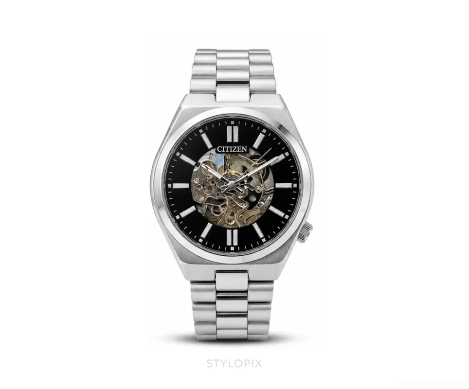 Citizen Open Heart Black Dial With Silver Metal Strap Skeleton Automatic - Citizen First Copy Watches