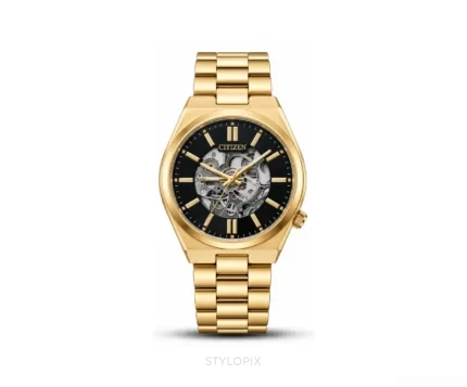 Citizen Open Heart Black Dial With Golden Metal Strap Skeleton Automatic - Citizen First Copy Watches