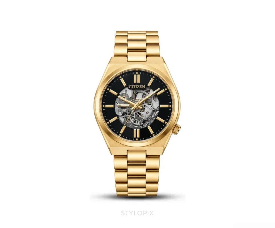Citizen Open Heart Black Dial With Golden Metal Strap Skeleton Automatic - Citizen First Copy Watches