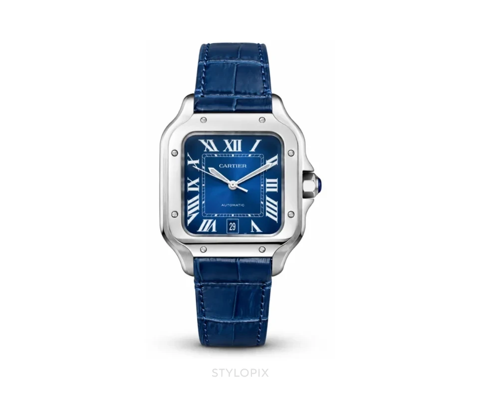 Cartier Santos Blue Dial With Leather Strap Automatic - Cartier First Copy Watches