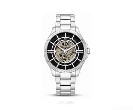 Armani Exchange Open Heart Black Silver Dial Skeleton Automatic - Armani Exchange First Copy Watches