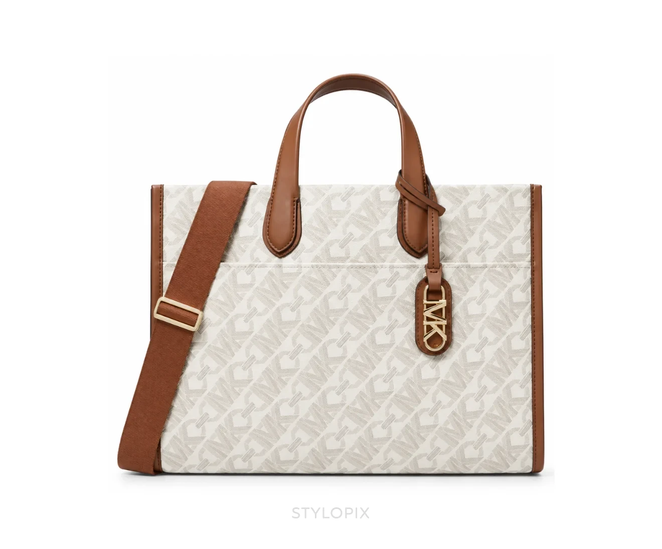 Michael Kors Gigi White Brown Zipper Tote Bag With Dust Cover & Carry Bag - Michael Kors First Copy Bags