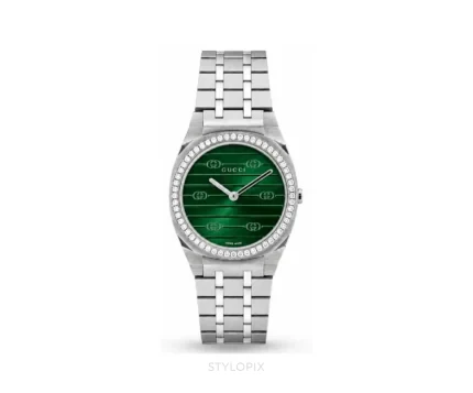 Gucci 25H 30mm Silver Green Diamond Bezel Quartz - Gucci First Copy Watches