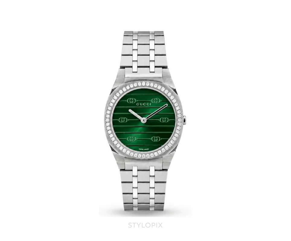 Gucci 25H 30mm Silver Green Diamond Bezel Quartz - Gucci First Copy Watches